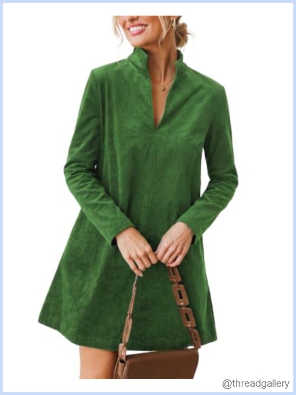 Women Corduroy Mini Dress V Neck Long Sleeve A Line Retro Casual